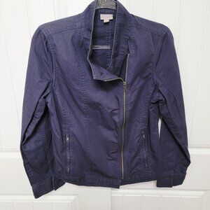 J Jill Women's Size Small Asymmetrical Moto Zip Up Cotton/Linen Jacket Blue